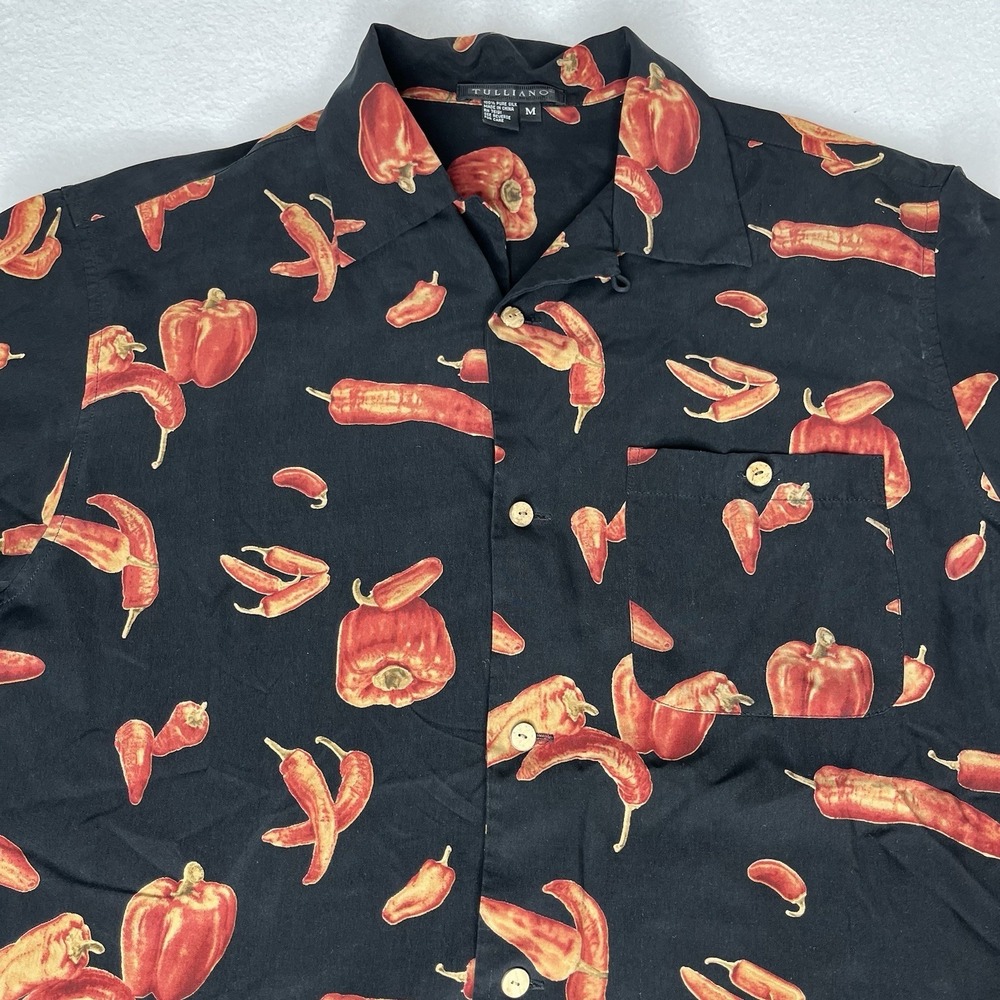 Vintage Tulliano Men's 100% Silk Black Shirt‎ Hot Chili Peppers M Retro